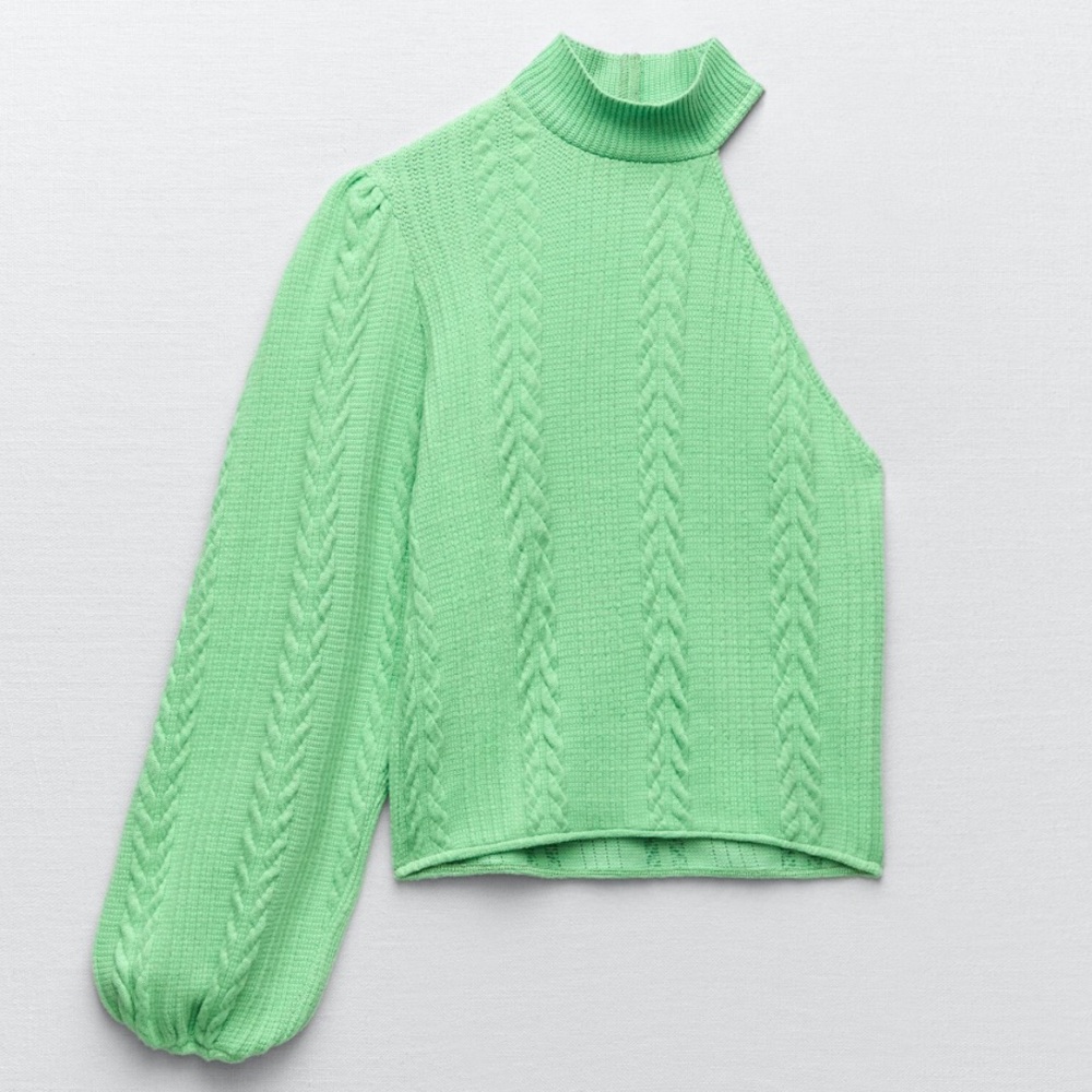 Zara Mint Green One-Shoulder Cable Knit Sweater